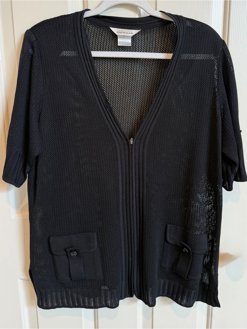 Vintage Misook. Black Mesh Zip-Front Women's Sweater Cardigan - XL EUC